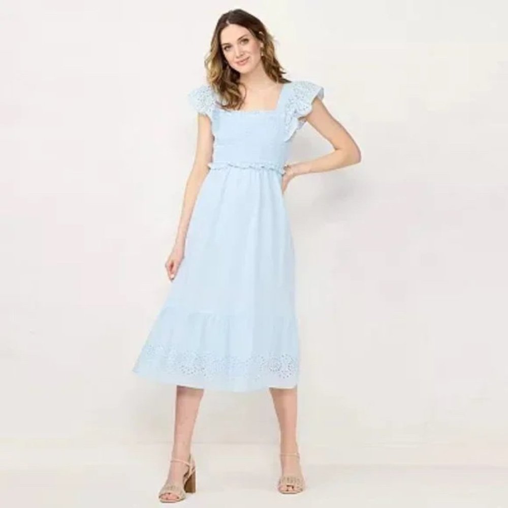Lauren Conrad Tie Back, Smocked Front, Eyelet Trimmed Light Blue Dress Size M